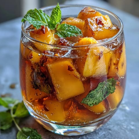 A vibrant glass of mango peach iced tea with fresh mint, perfect for summer refreshment.  