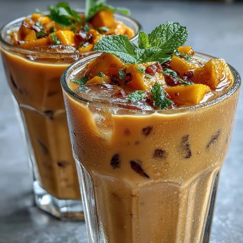 Refreshing mango peach iced tea with juicy fruit slices and mint garnish, ideal for warm weather sipping.  