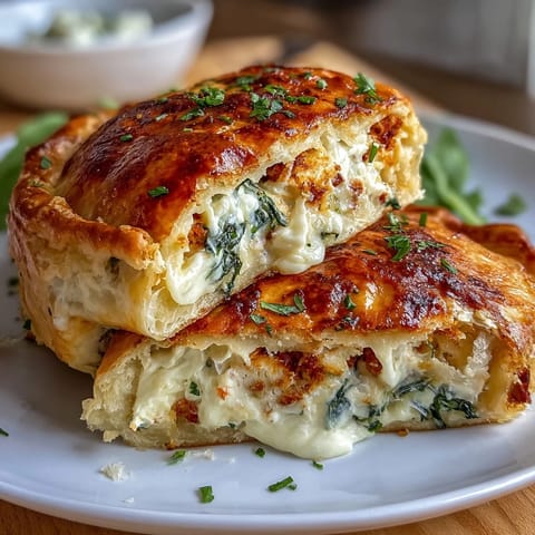 Flaky pastry encases a rich filling of ricotta, ham, and spinach, with striking cross-section of hard-boiled eggs inside.  