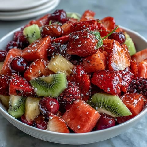 Bright and refreshing strawberry lemonade fruit salad with juicy berries, tropical pineapple, and zesty lemonade dressing in a glass bowl.