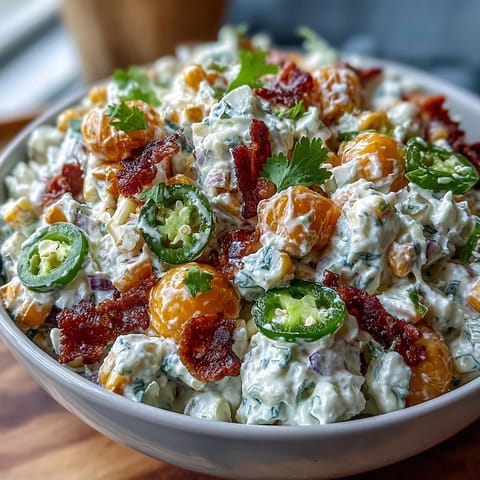 Creamy Corn Salad with Jalapeño, bursting with sweet corn, crunchy veggies, and zesty jalapeño in a tangy dressing.