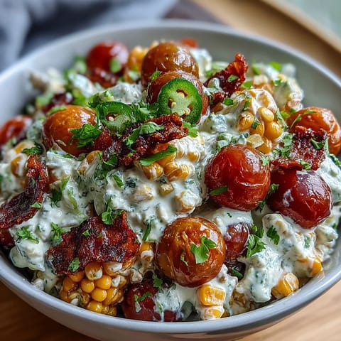 A vibrant bowl of Creamy Corn Salad with Jalapeño, featuring fresh corn, red peppers, and a creamy, smoky lime dressing.