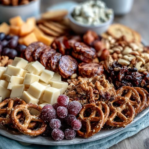 Festive grad party snack board with savory meats, cheeses, and colorful sweet treats.  