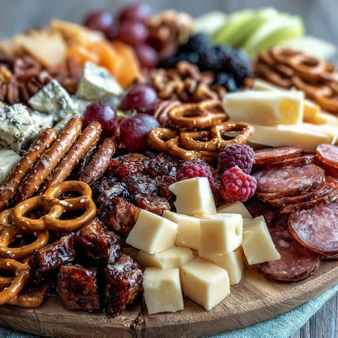 Vibrant sweet and savory snack board for graduation parties, featuring cheese, salami, and fresh berries.  