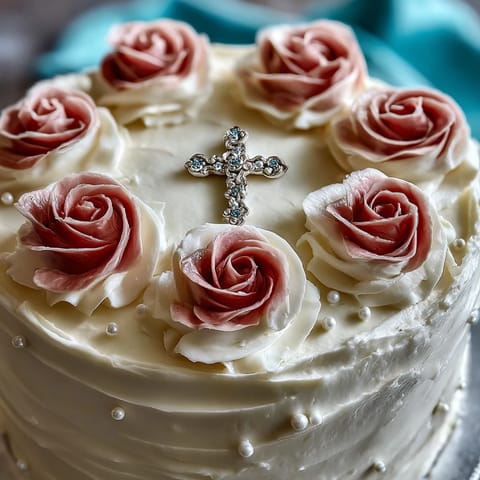 First Communion Cake with white fondant roses and cross topper on elegant display