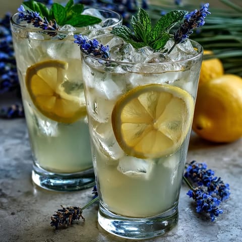 Iced lavender lemonade with fresh mint, a floral and refreshing summer drink garnished with lemon slices and mint sprigs.