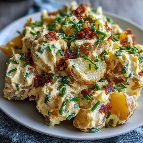 Classic Deviled Egg Potato Salad with creamy dressing, tender potatoes, and tangy mustard served in a large bowl with fresh chives on top.