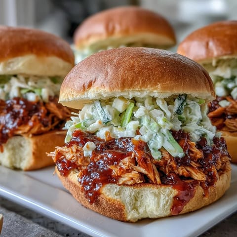 Juicy pulled BBQ chicken smothered in smoky sauce, piled high on toasted brioche buns for a hearty, flavorful sandwich.