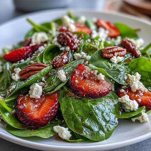 Spring Strawberry Spinach Salad with goat cheese, strawberries, and candied pecans on a white plate. A light, refreshing side dish perfect for spring and Easter gatherings.