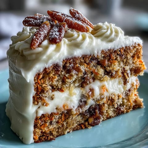 A moist Easter carrot cake with rich cream cheese frosting and elegant candied carrot curls on top.