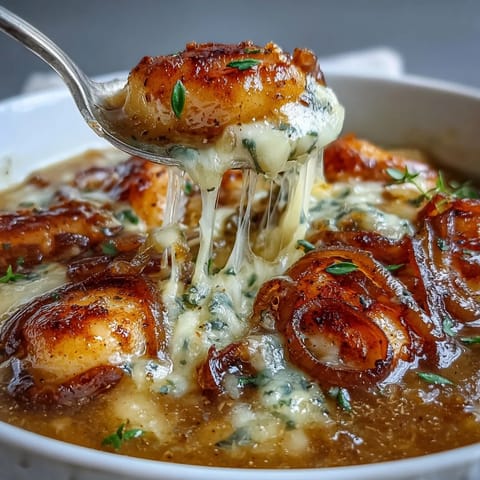 Hearty Gnocchi French Onion Soup bubbling with melted cheese, a comforting bistro-style meal.