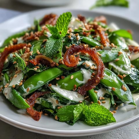A colorful spring salad with crisp snap peas, radishes, and fresh herbs, drizzled with creamy tahini dressing.