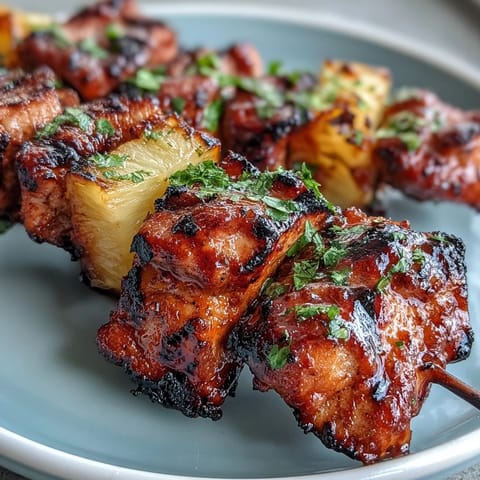 Juicy grilled chicken al pastor skewers with smoky marinade and sweet pineapple chunks, charred to perfection on the grill.  