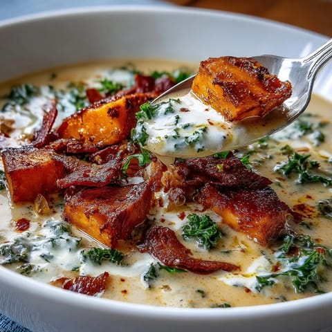 Rich and comforting sweet potato chowder featuring smoky pancetta, vegetables, and kale, perfect for chilly days.  