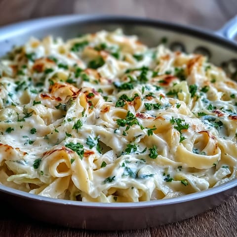 Creamy Cabbage Alfredo with tender fettuccine and caramelized cabbage in a rich Parmesan sauce.