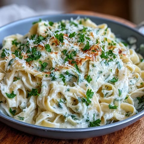 Velvety Alfredo pasta dish featuring shredded cabbage, garlic, and a sprinkle of fresh parsley.