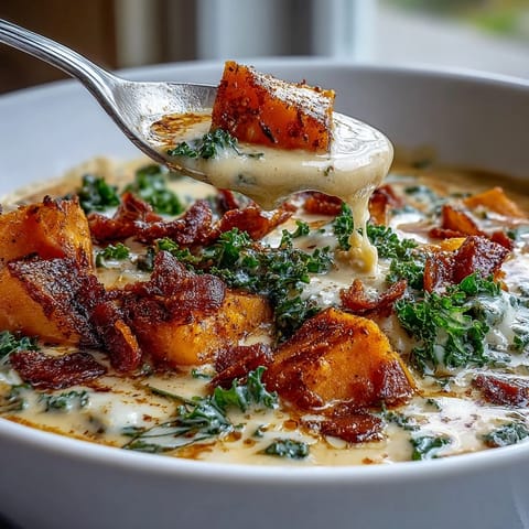 Smoky sweet potato chowder with crispy pancetta and tender kale in a creamy, hearty soup bowl.  