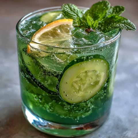 Cooling Sparkling Cucumber Mint Lemonade Mocktail garnished with lemon, refreshing and bright.