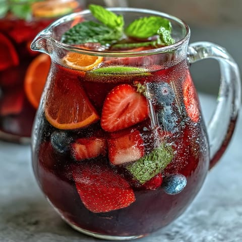 Refreshing glass of iced hibiscus berry tea, bursting with fresh fruit flavors.