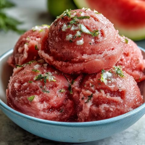 Close-up of vibrant Watermelon Sorbet (3 Ingredients) glistening.