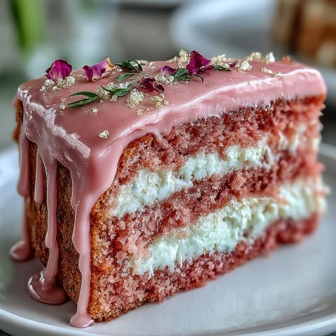 Show-stopping Rosé Velvet Cake with creamy frosting and opulent gold accents.