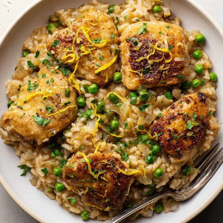 Freshly cooked One-Pot Creamy Lemon Chicken and Rice in a Dutch oven, creamy sauce glistening.