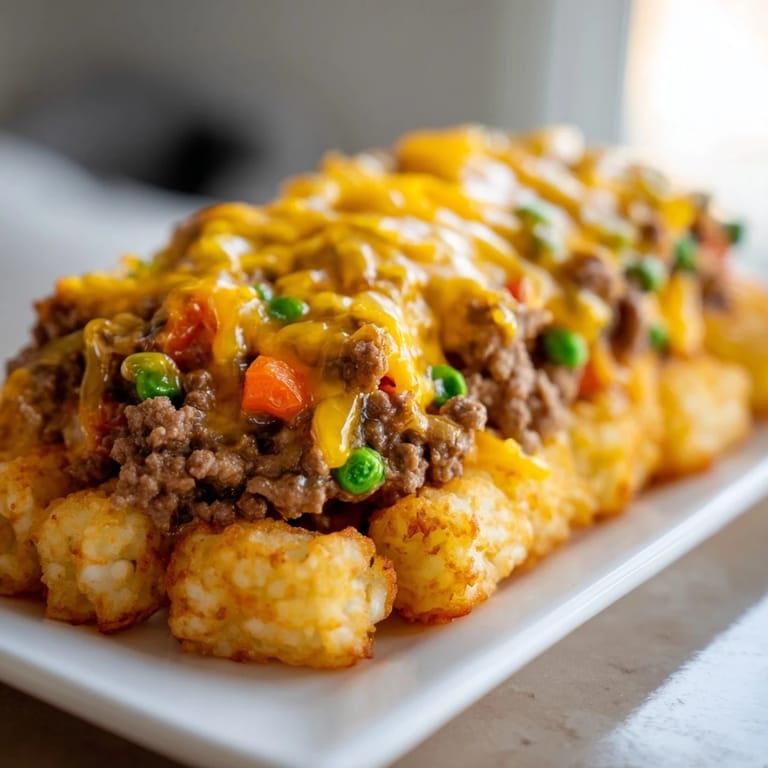 A comforting view of Family Favorite Tater Tot Casserole, featuring a savory ground beef layer under crispy tater tots.