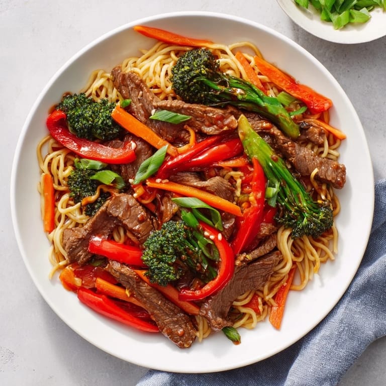A large plate of Easy Beef Stir-Fry with Lo Mein Noodles, filled with colorful vegetables and savory sauce.