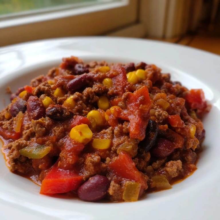 Warm, crimson-colored Simple Weeknight Chili in a rustic bowl, with visible beans and meat.