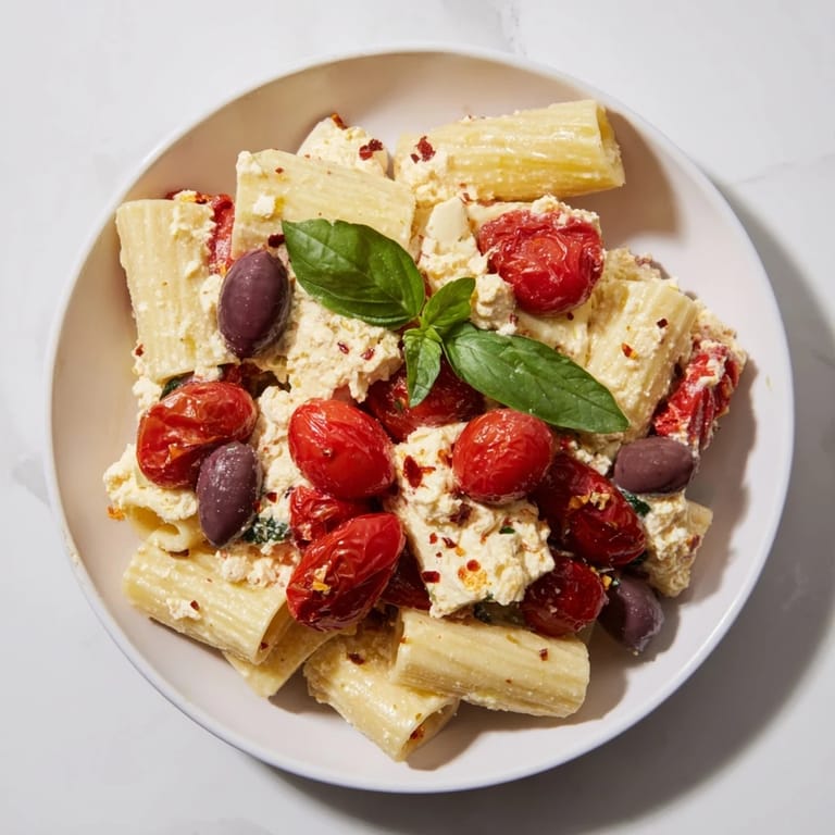 Delicious, golden Baked Feta Pasta combines the richness of feta with sweet roasted cherry tomatoes.