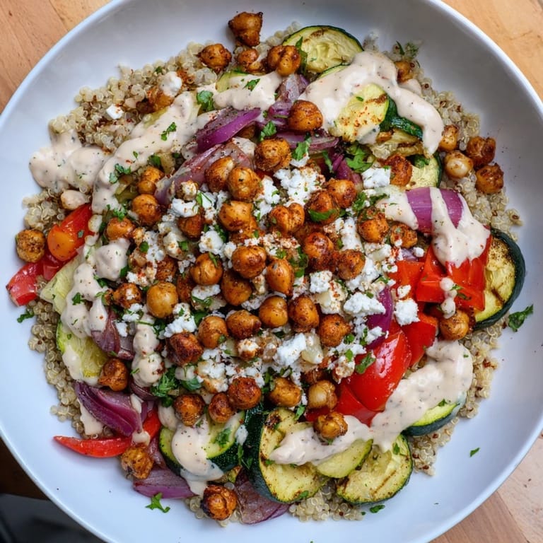 Savory Mediterranean Chickpea and Veggie Grain Bowls, a hearty and healthy meal, ready to enjoy with a fresh squeeze of lemon.