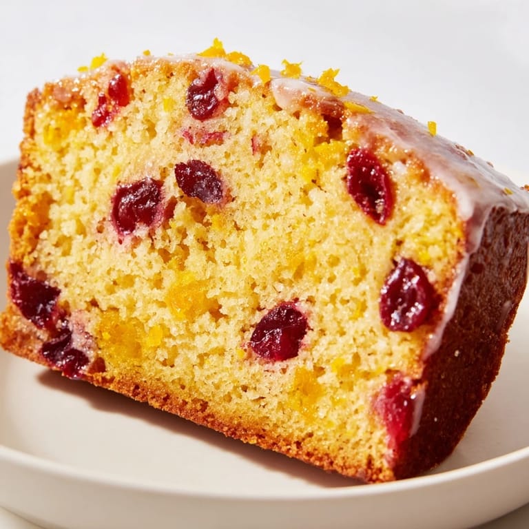 A freshly baked loaf of Seasonal Cranberry and Orange Bread with juicy cranberries, ready to serve.