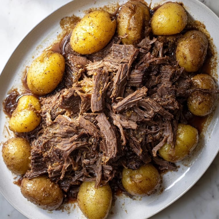 Hearty slow cooked Pot Roast, glistening from broth, served with soft potatoes; a perfect dinner.