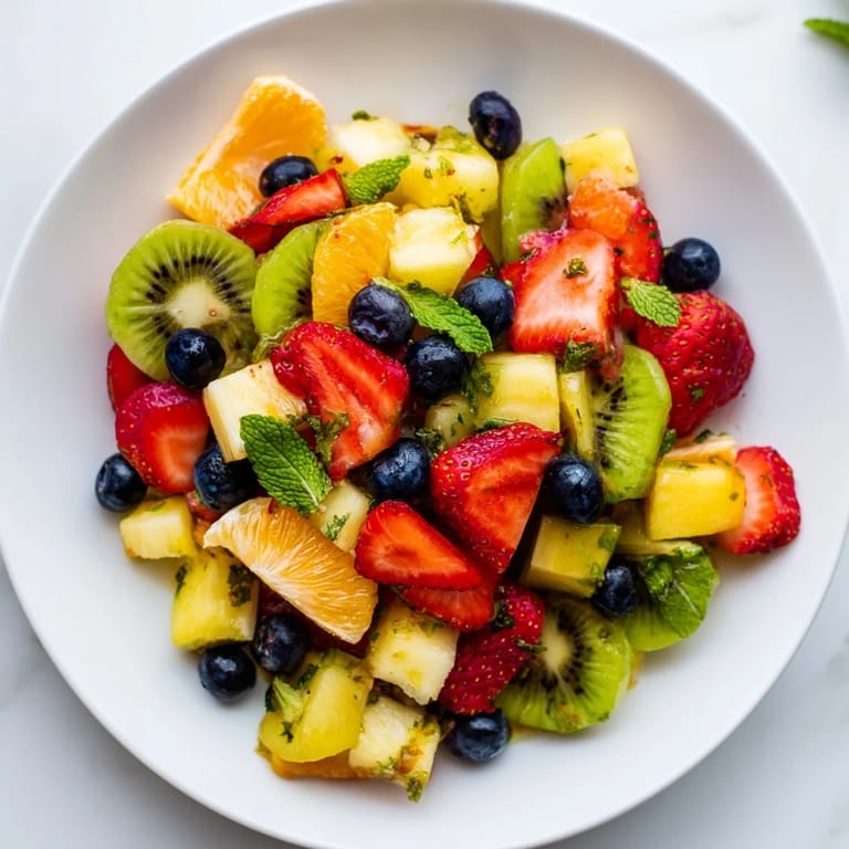 Close-up of a refreshing fruit salad: juicy strawberries, blueberries, and citrus drizzled with dressing.