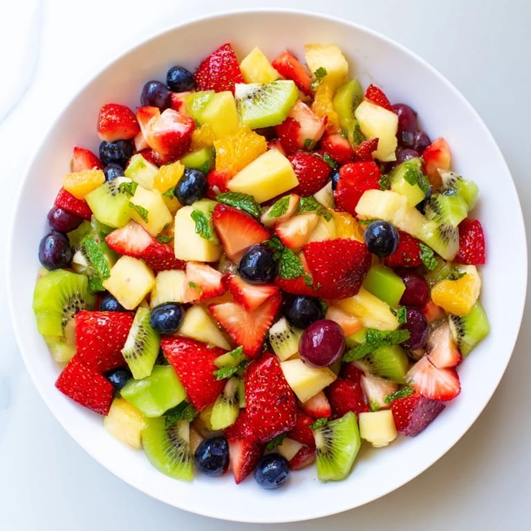 Bright, diced fruit composes this refreshing fruit salad, perfect for a sunny day dessert.