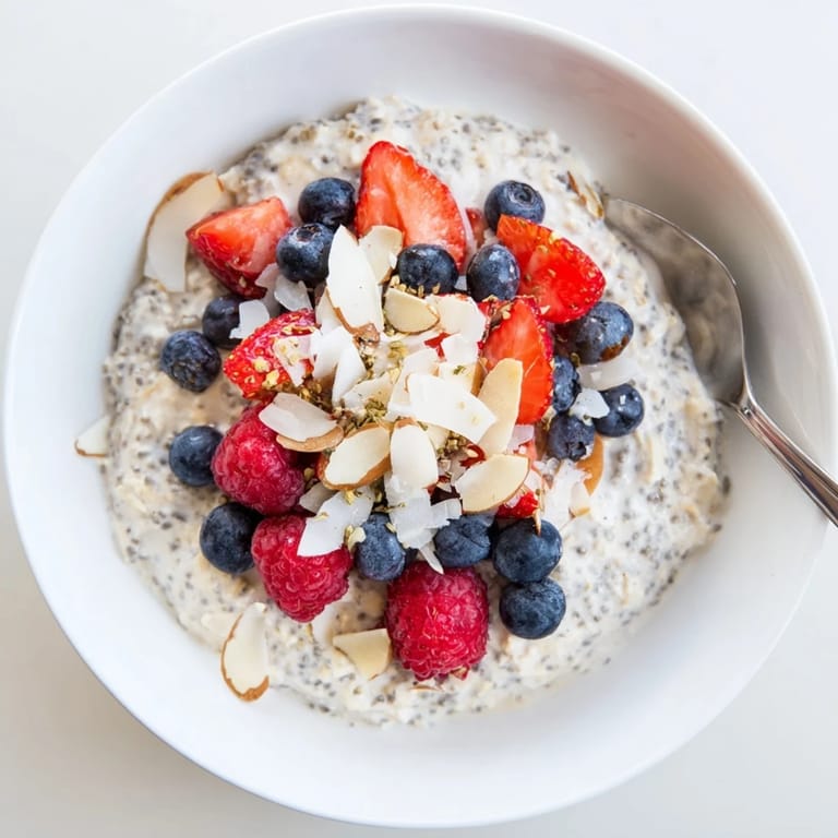 Enjoy a spoonful of chilled overnight oats with berries—a refreshing, make-ahead meal.