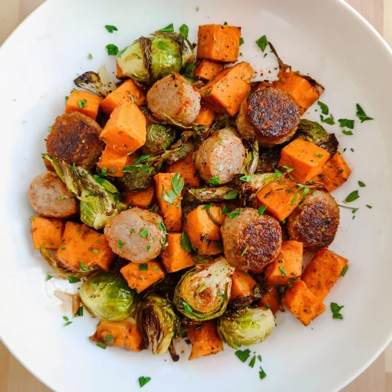Golden-brown sheet pan sausage, sweet potatoes and Brussels sprouts, fragrant from the oven.
