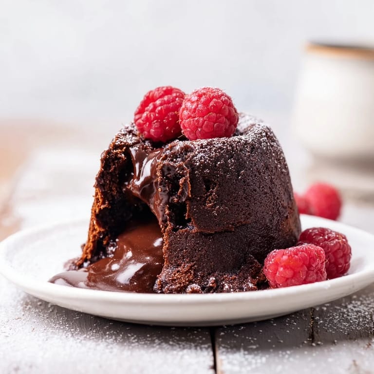 A close-up shot of individual mini chocolate lava cakes, revealing a warm, flowing chocolate center.