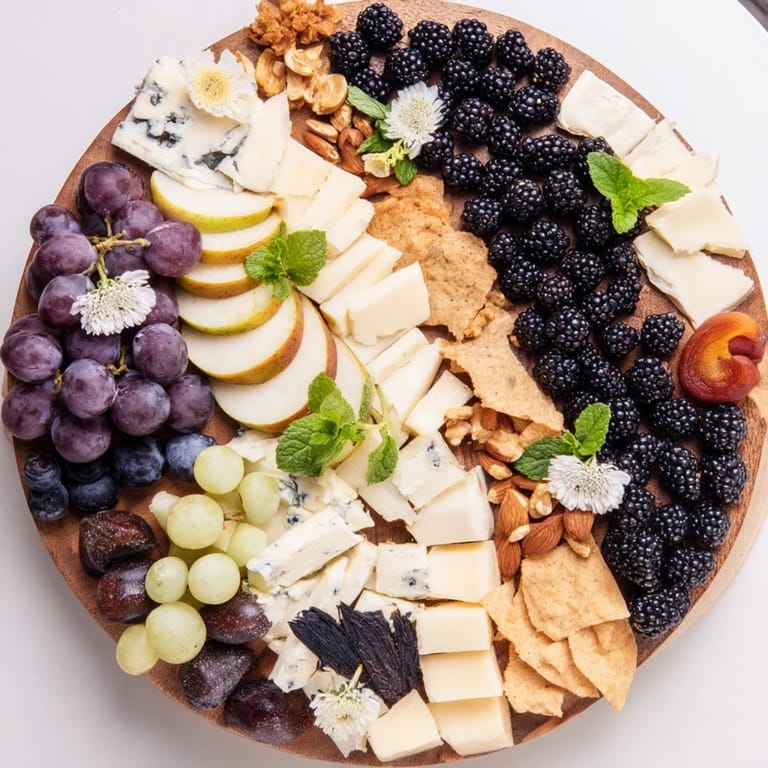 Vibrant photo of The Yin-Yang Balance appetizer, showcasing balanced cheese and fruit sections on a board.