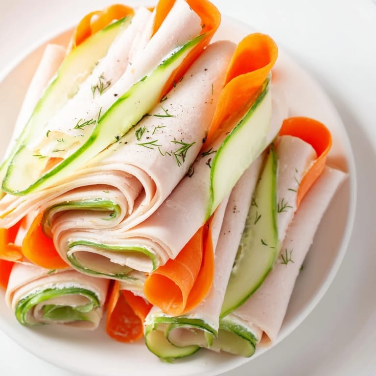 Delicate The Ribbon Dancer appetizer, with colorful spiral-cut carrots and cucumber around turkey, perfect snack.