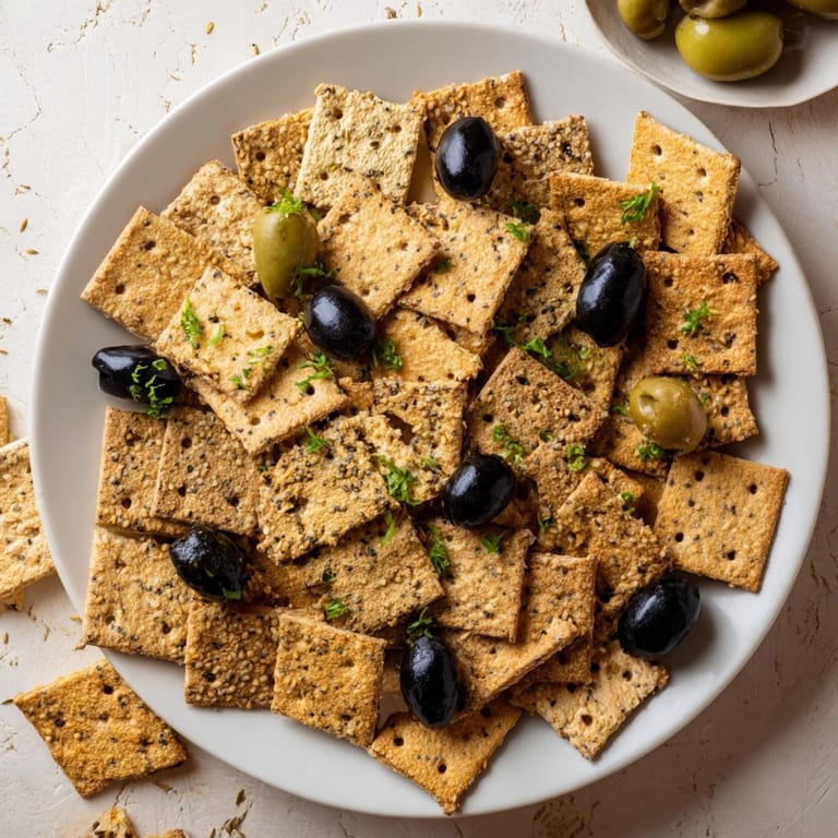 The Cobblestone Courtyard, an easy appetizer, features olives arranged like cobblestones on crackers.
