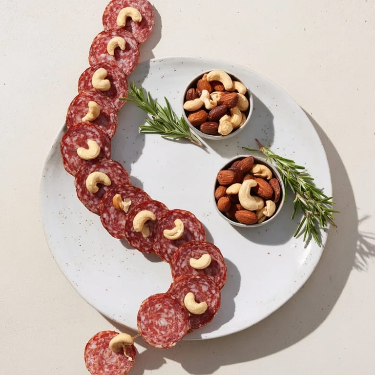 Close-up of the delicious The Infinity Loop: cured salami and mixed nuts invitingly arranged and ready.