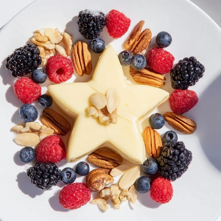 A delicious The Shooting Star Cheese Board arrangement with a star cheese, berries, and mixed nuts served.