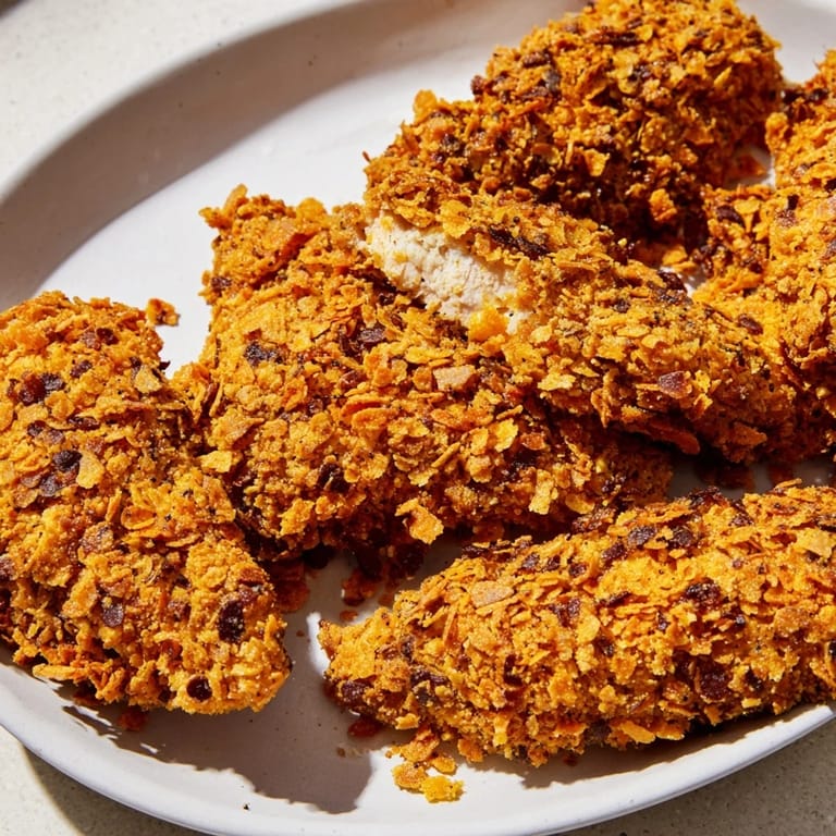 A plateful of homemade Crispy Onion Chip Chicken Tenders, crispy and ideal for dipping in your favorite sauce.