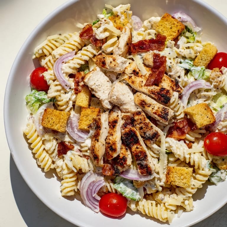 Freshly assembled Chicken Caesar Pasta Salad, bursting with flavors and textures like bacon and Parmesan.