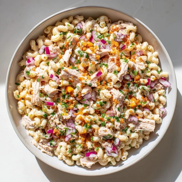 Close-up of a colorful Chicken Macaroni Holiday Salad, bursting with celery, onion, and a tangy dressing.