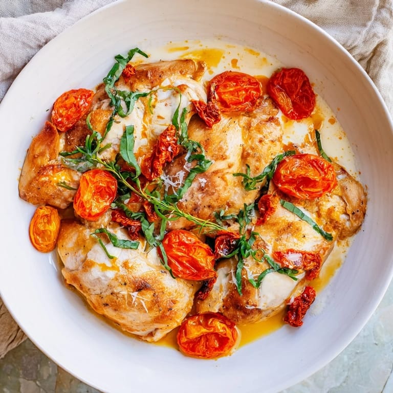 Golden chicken breasts nestled in a creamy, sun-dried tomato sauce, ready for a delicious Creamy Sun-Dried Tomato Chicken Skillet.