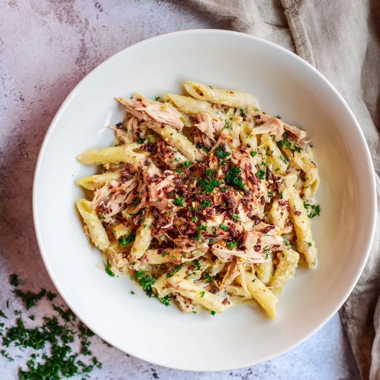 A close-up shot of Turkish Pasta with Ground Turkey, showcasing a creamy yogurt sauce and fresh herbs.