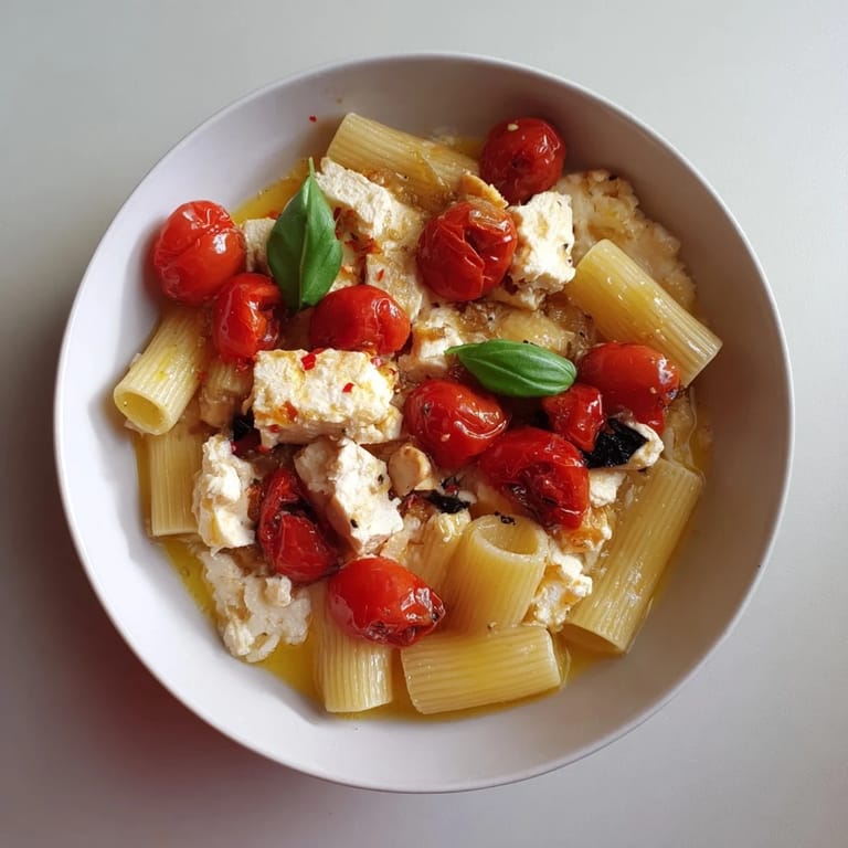 Warm, flavorful Baked Feta 2.0 served with pasta; a colorful and delicious vegetarian dinner.
