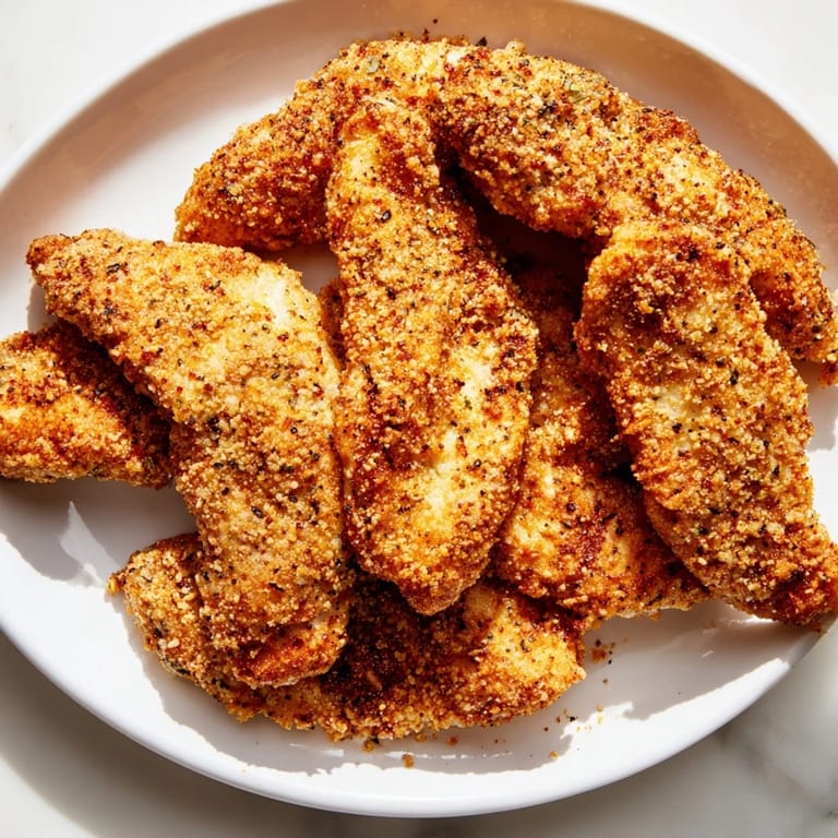 Close-up of freshly cooked crispy air-fried chicken tenders showing a perfectly crunchy, seasoned coating.
